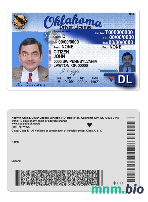 Szablon prawa jazdy USA Oklahoma w formacie PSD, ze wszystkimi czcionkami